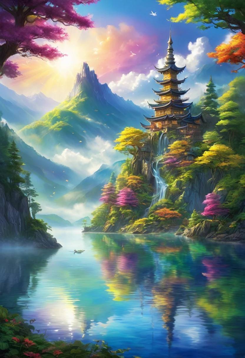 Enchanting Dreamlight Island, A Vision of Beauty. The sunlight dances through a veil of mist., Surrounding mountains々The lake reflects the light and casts a mottled shadow on its surface.. A towering tower of light rises into the sky, The surface reflects the colors of the rainbow. A whimsical tree in the forest々There are lots of creatures to play with., Creating a tapestry of light and shadow that captivates the soul.