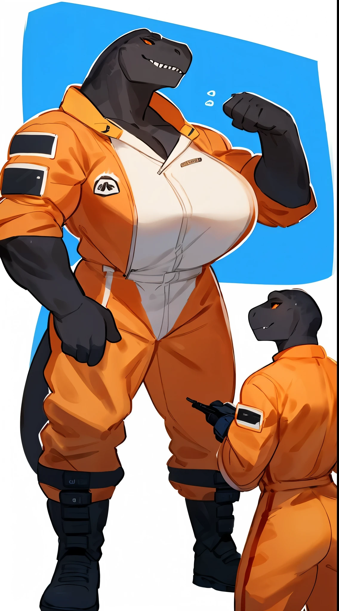 By bebebebebe, by lostgoose, by goonie-san, by buta99, by con5710, ((female)), tyrannosaurus, dinosaur, t-rex, smirking, big breasts, (muscular, buff, giant, strong, enormous, broad shoulders, big head), ((white and orange jumpsuit)), black body armor, black tactical pouches, big black boots, standing