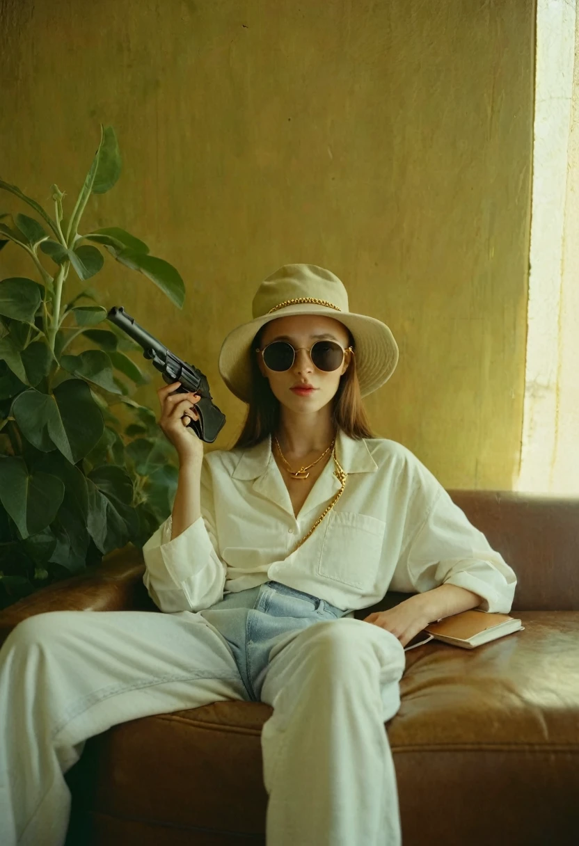 90s woman, gangsta rapper. Boss gangster in sunglasses and gold chain. Hip hop style denim overall with oversized white t shirt and bucket hat, lounging on a leather couch. She is holding a gun. gunatyou. sleek long hair, oversized clothes, photo depth of field, shadows, grainy, seductive analog lofi (by Oleg Oprisco Laura Makabresku), wall, dimly lit, potted plant
