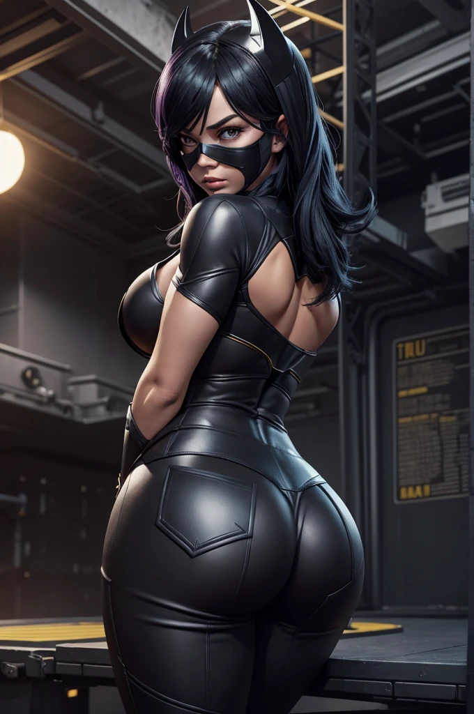 The character Batgirl, perfect costume, in the building, traditional black mask over her eyes, perfect ???????, smooth curves, extremely detailed and realistic ??????? , upturned buttock 