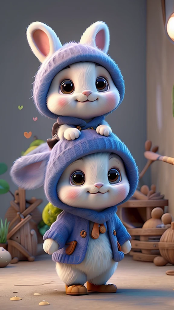 Amidst the serene atmosphere of a cozy cabin, a delightful and adorable rabbit can be seen, waving and grinning broadly while saying "hello" to the observer. The scene is beautifully rendered in Unreal Engine, showcasing pleasant interior lighting that casts warm hues across the room, illuminating the intricate details of the digital painting. The character design was meticulously crafted by Mark Redden, drawing inspiration from the timeless charm of Pixar and the whimsical magic of Hayao Miyazaki. The scene transitions into Unreal 5, demonstrating its advanced capabilities, as the rabbit's fur seems to shimmer under the soft glow of the