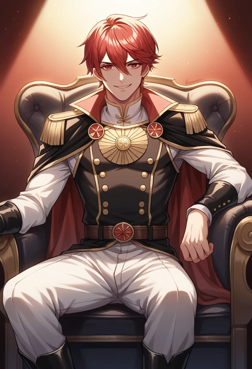 masterpiece, cave, dark, underground, 1boy, solo, cowboy shot, looking at viewer, hand on hip, smile, yuriFE3H, cape, belt, garreg mach monastery uniform, score_9, score_8_up,score_7_up, BREAK, 1boy, solo, Best Quality, Masterpiece, ultra high resolution, a boy, solo, sitting in an armchair, with a dark bloody room in the background, smile, masterpiece, best quality, Cinematic, Fancy effects, Intricate details, shiny hair, shiny skin, detailed eyes, hd eyes, beautiful eyes, gothic, hair between eyes, layered clothes, looking at viewer, highly detailed eyes, dramatic lighting, dark magic background, shadow background, crimson background, smug face, eyelashes, manly body, shiny lips, smirk, face focus, long boots, sitting, face focus, fire emblem, yuri Leclerc, yuri Leclerc from fire emblem, detailed face