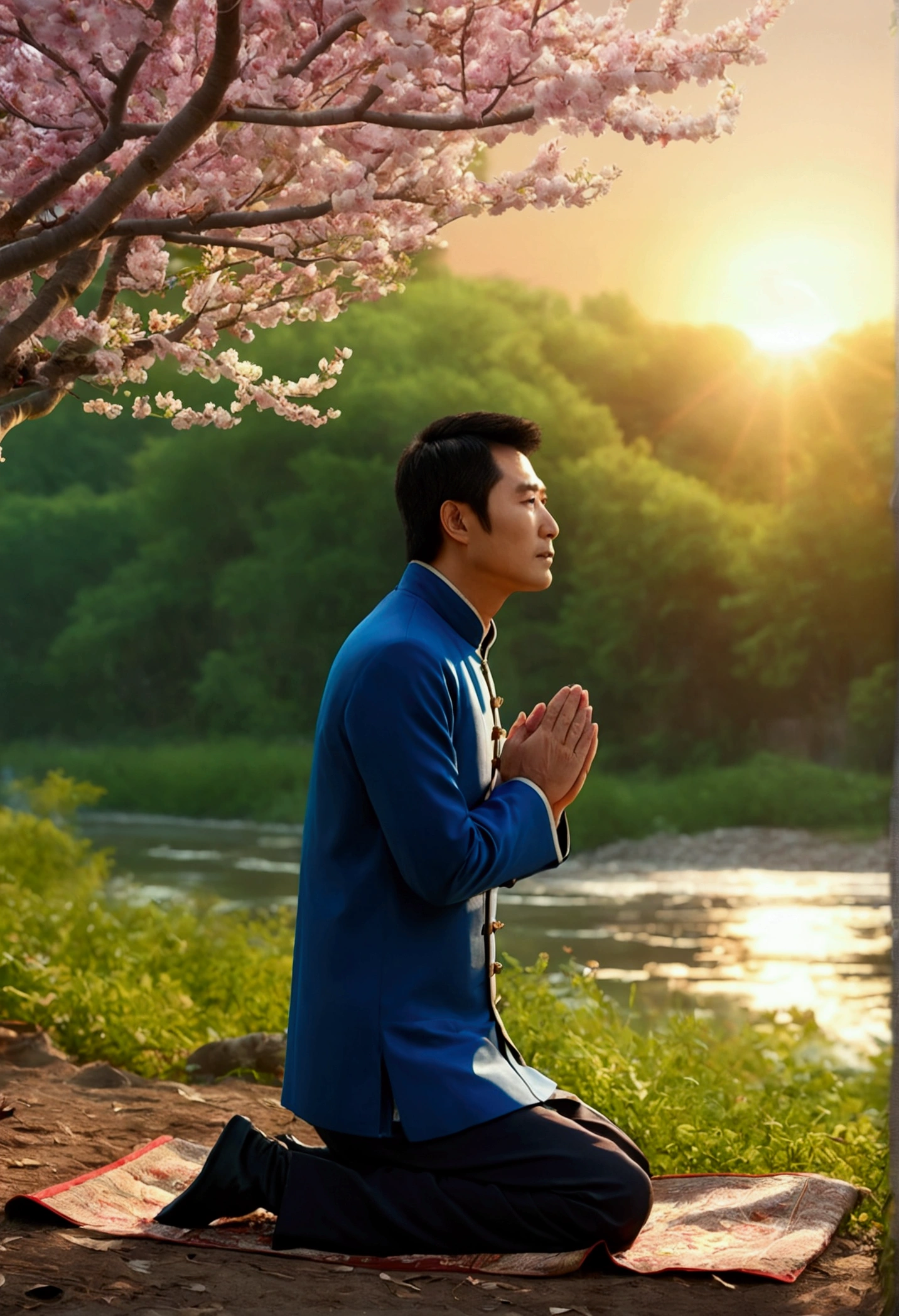 A man praying on his knees in a forest with flowering trees, a river next door, and a sunset in the background, (best qualityer, 4K, Cao Cao,master part:1.2), ultra detali, (realisitic,Fotorrealisitic:1.37), HDR, bright coloured, bokeh, portraite, paisaje, 3D rendering, sharp focus, soft lighting