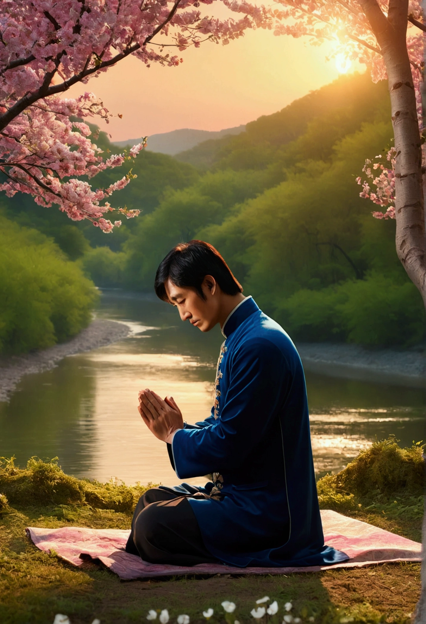 A man praying on his knees in a forest with flowering trees, a river next door, and a sunset in the background, (best qualityer, 4K, Cao Cao,master part:1.2), ultra detali, (realisitic,Fotorrealisitic:1.37), HDR, bright coloured, bokeh, portraite, paisaje, 3D rendering, sharp focus, soft lighting