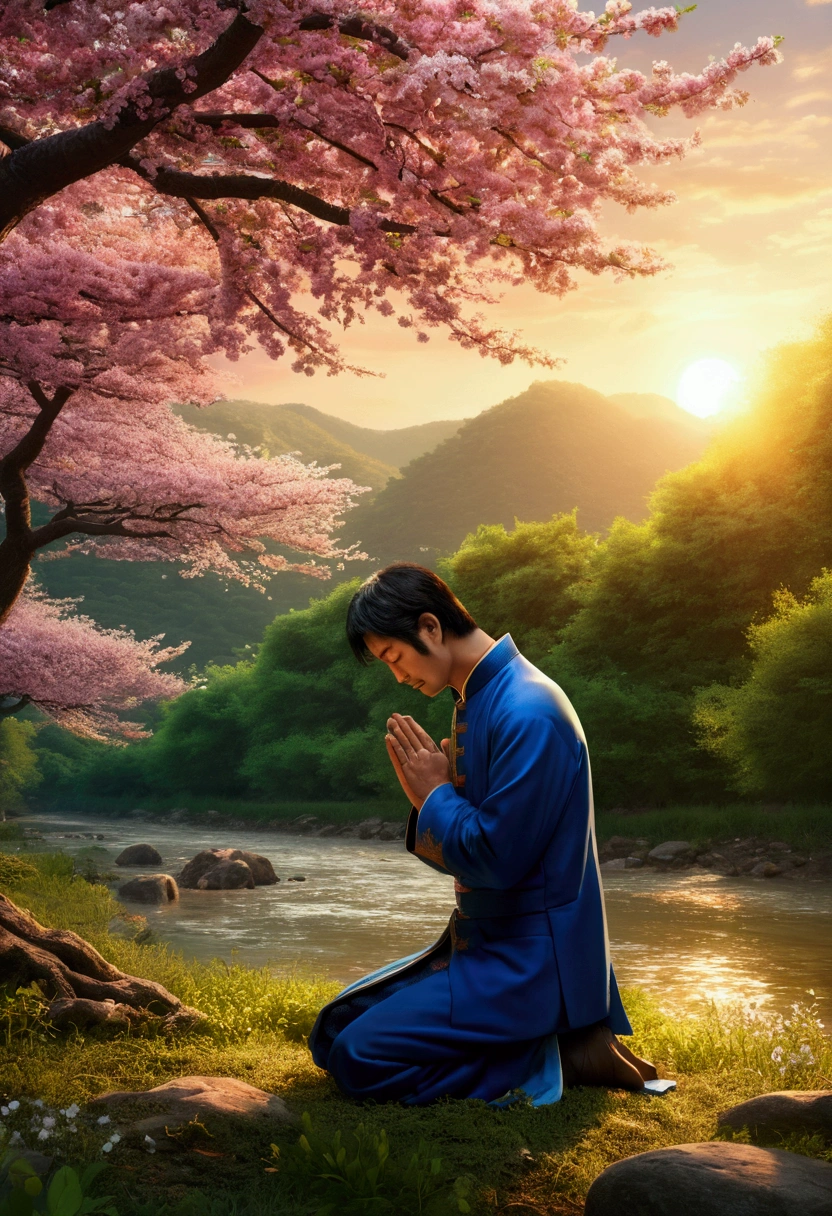 A man praying on his knees in a forest with flowering trees, a river next door, and a sunset in the background, (best qualityer, 4K, Cao Cao,master part:1.2), ultra detali, (realisitic,Fotorrealisitic:1.37), HDR, bright coloured, bokeh, portraite, paisaje, 3D rendering, sharp focus, soft lighting
