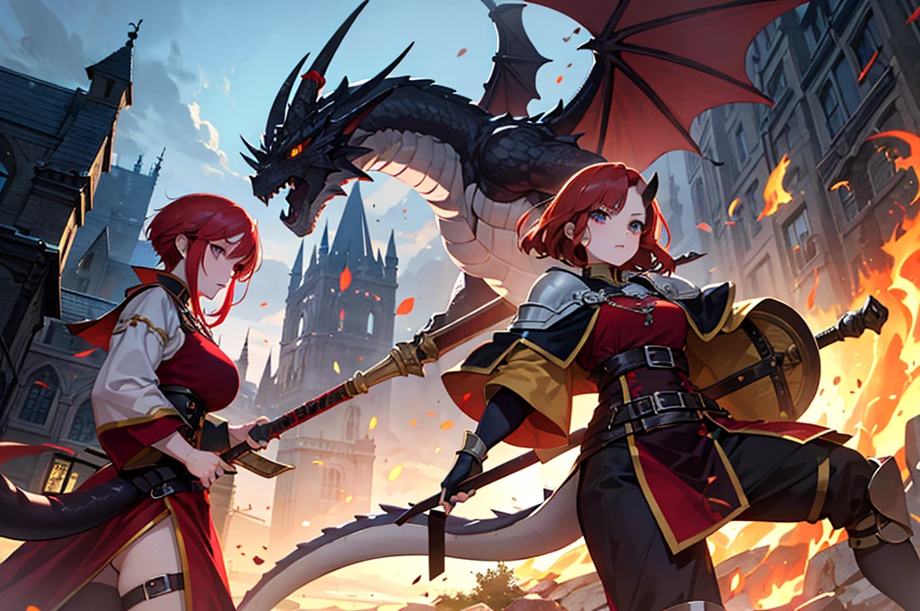 Women with dragon horns and tail, attractive, women with dragon features, redheads, warriors anime medieval style isekai