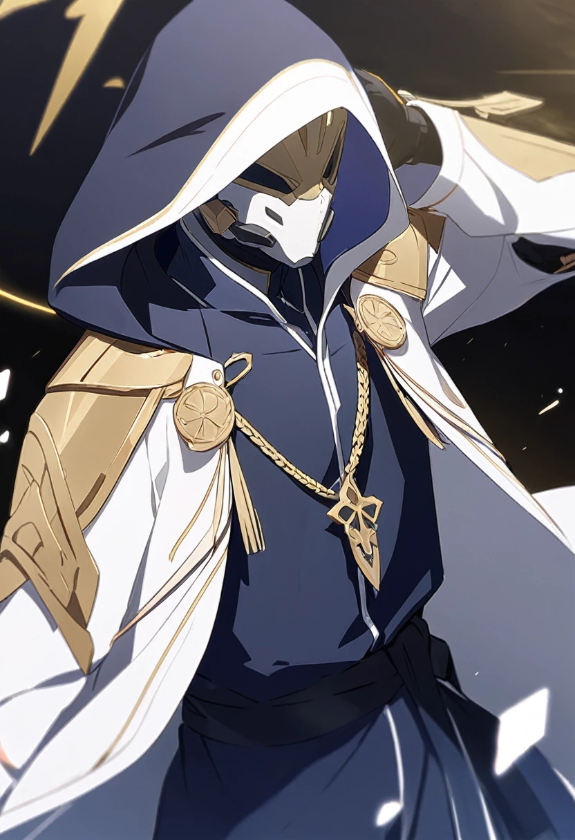 Hooded male wearing white and dark blue robe, wearing a white ballistic mask, intrinsic golden highlights