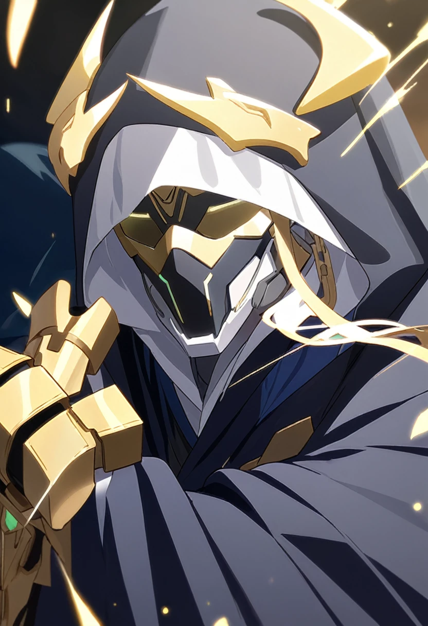 Hooded male wearing white and dark blue robe, wearing a white ballistic mask, intrinsic golden highlights