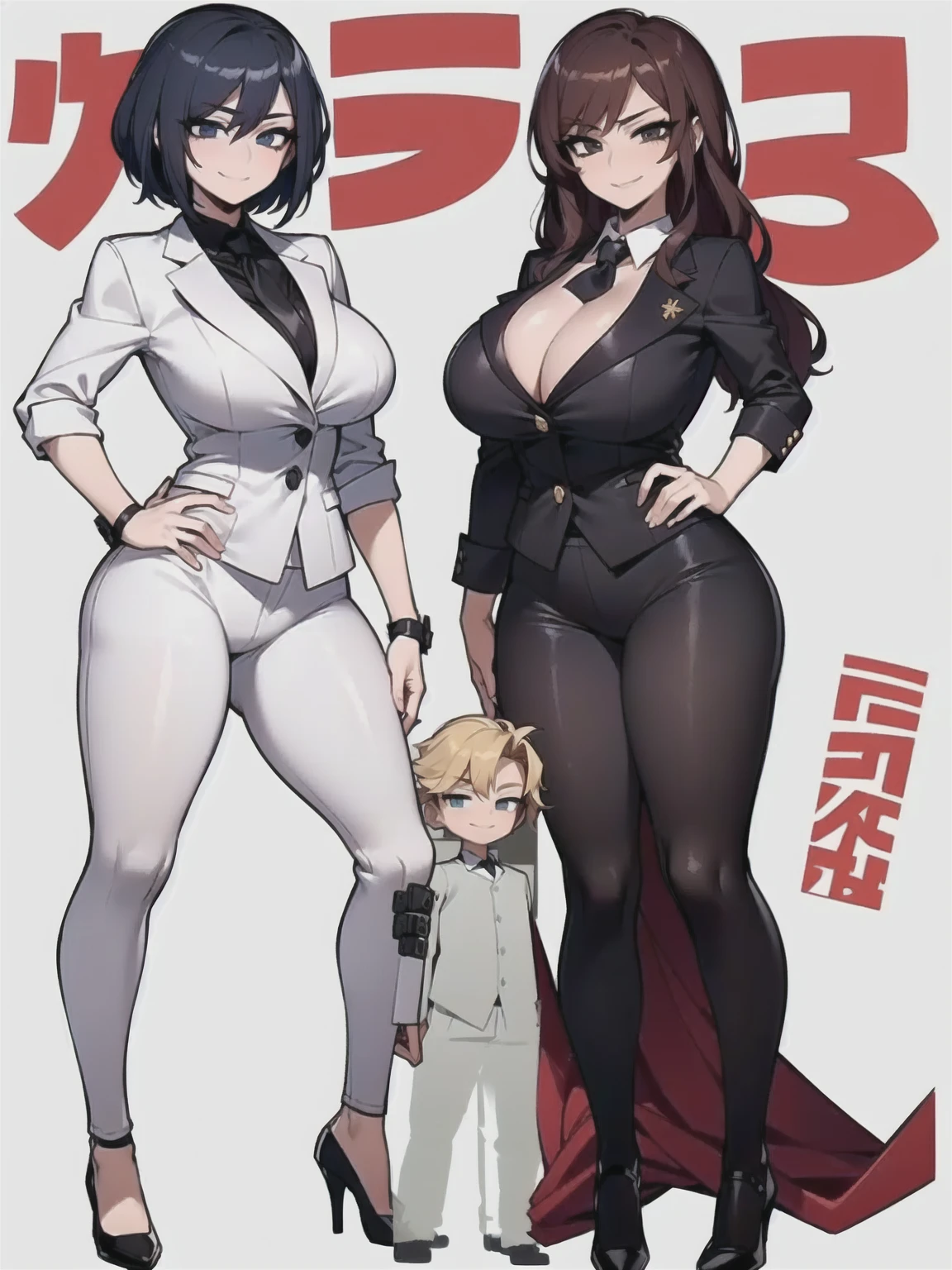 two sexy women in businesswomen outfits looking down at boy with blonde hair, looking at camera, seductive smiles, various hair, full body, fully white background