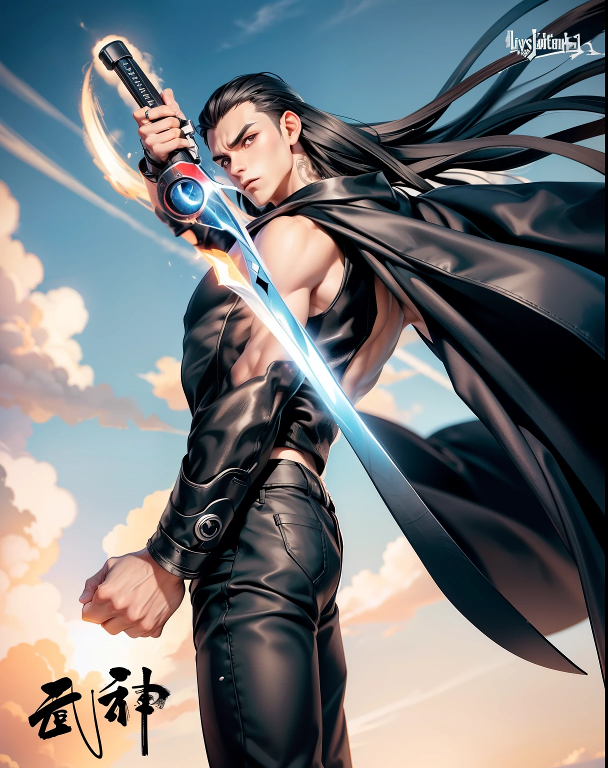 boys 26 Years old, Serious face, wearing black sleeveless shirt, black pants, black hair, levitate on sky, blue sky, cloud