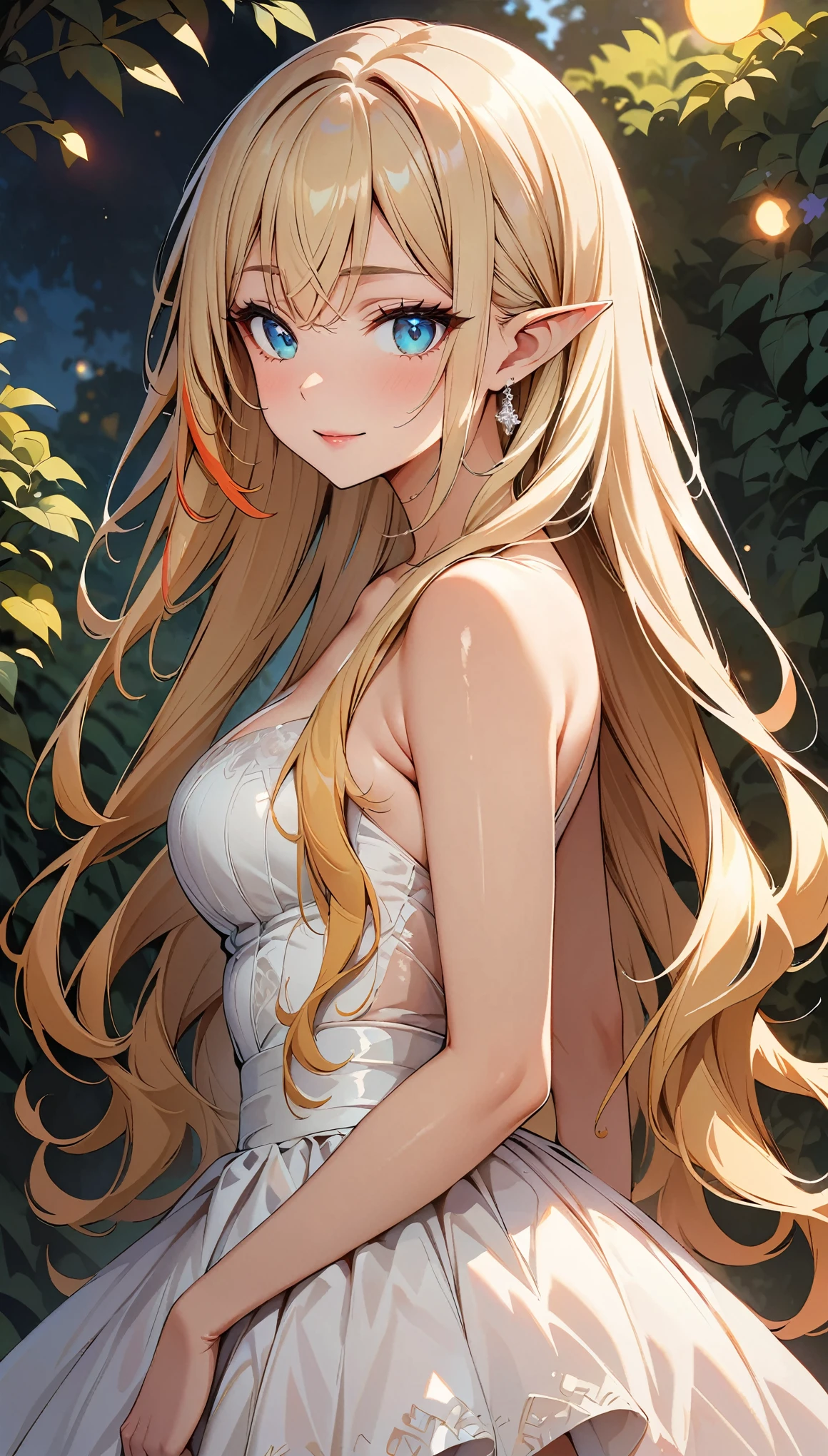 (masterpiece, best quality, beautiful and aesthetic:1.3), (A beautiful elf lady), look back, side view, 1 elf girl, (solo:1.3), light smile, (honey blonde hair streaked beige:1.4), (Gradient sliver hair ends:1.6), hair strand, absurdly long hair, single sidelock, wavy hair, shiny hair, floating hair, (sky blue eyes), delicate eyes, aqua eyes, super high detailed eyes, long upper eyelashes, eyes makeup, red lips, Focus on face, Very detailed facial, (Pretty Face:1.3), Perfect medium chest, slim body, porcelain skin, (Delicate skin texture:1.2), (Highly detailed skin:1.2), bridal veil, lace-trimmed dress, see-through, wedding dress, (outdoors), white roses, garden, (morning), detailed background, beautiful background, standing, whole body, extreme detailed, Edge lighting, two color lights, 8K UHD, Bokeh, イーブイの絵, soft light, Volumetric lighting, confess, warm tone, hand drawn animation, high detailed, symmetrical clothes, best quality, Fair, Octane Render