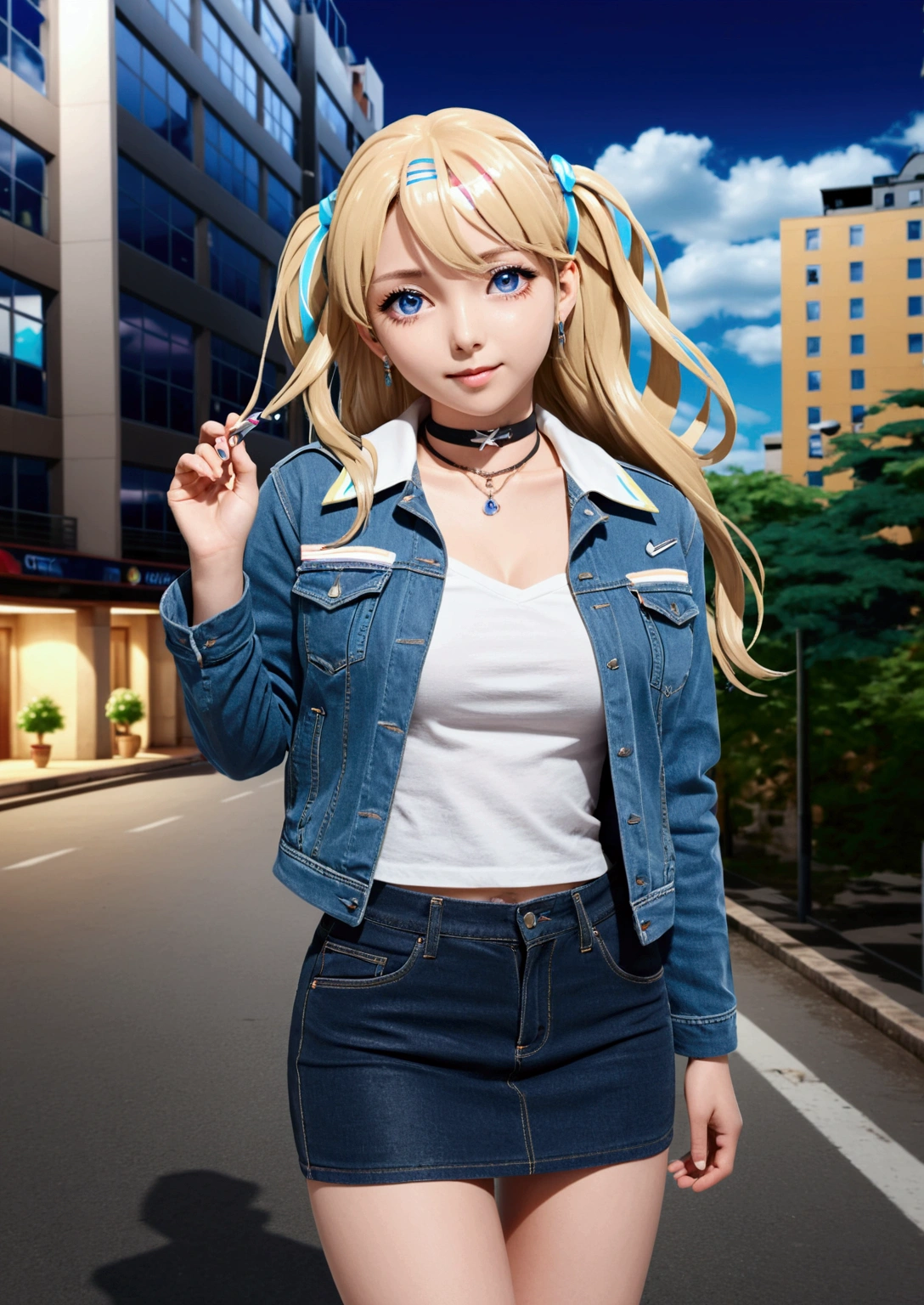 photorealistic of young teenage female, shirakawa runa, on city avenue, she looking at viewer and smiling, she wears black choker, denim jacket, white t-shirt and denim pencil mini skirt, (1girl, solo, full body), (masterpiece, best quality)