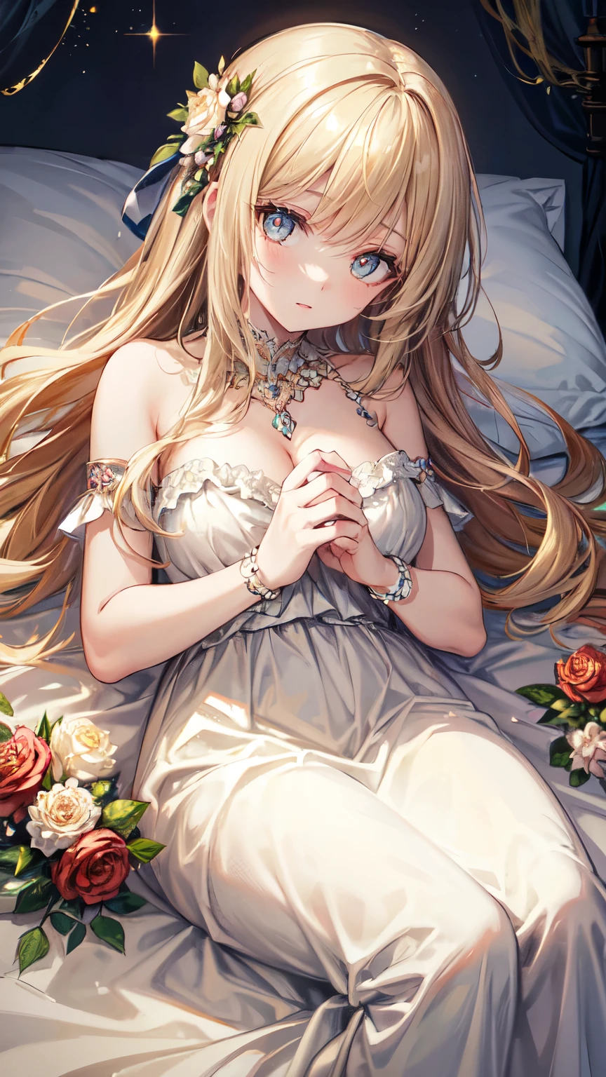 Highest quality, High resolution, Very detailed), Beautiful woman, Detailed face, Detailed eyes, Sparkly long dress, night background with light and Flowers, Neon color, Portraiture, Soft and warm colors, Ambient Lighting, whole body, Flowers, Light, Lying in bed