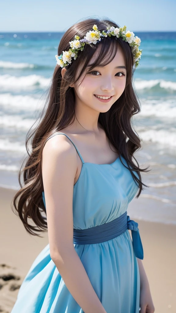 Having long flowing hair、Very Beautiful Japan Woman。She is wearing a stylish dress and a flower crown.、She has striking bluish-black eyes and a bright smile.、Has an elegant posture。The background is a sparkling seaside and sandy beach.。
The image style is realistic.、It adds a touch of glamour.。