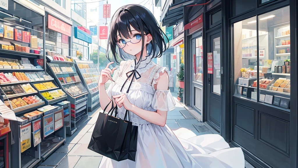 young girl, white dress, shopping, light blue eyes, black hair, glasses, quiet, elegant