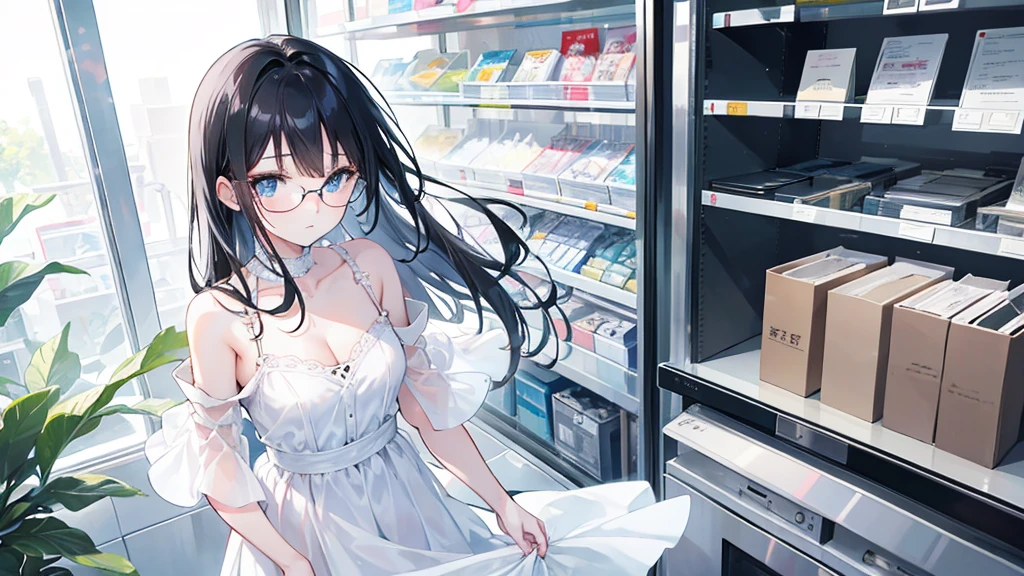young girl, white dress, shopping, light blue eyes, black hair, glasses, quiet, elegant
