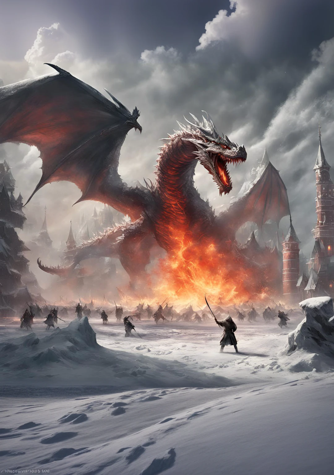 complete the sky with clouds, and the bottom with snow and fire
