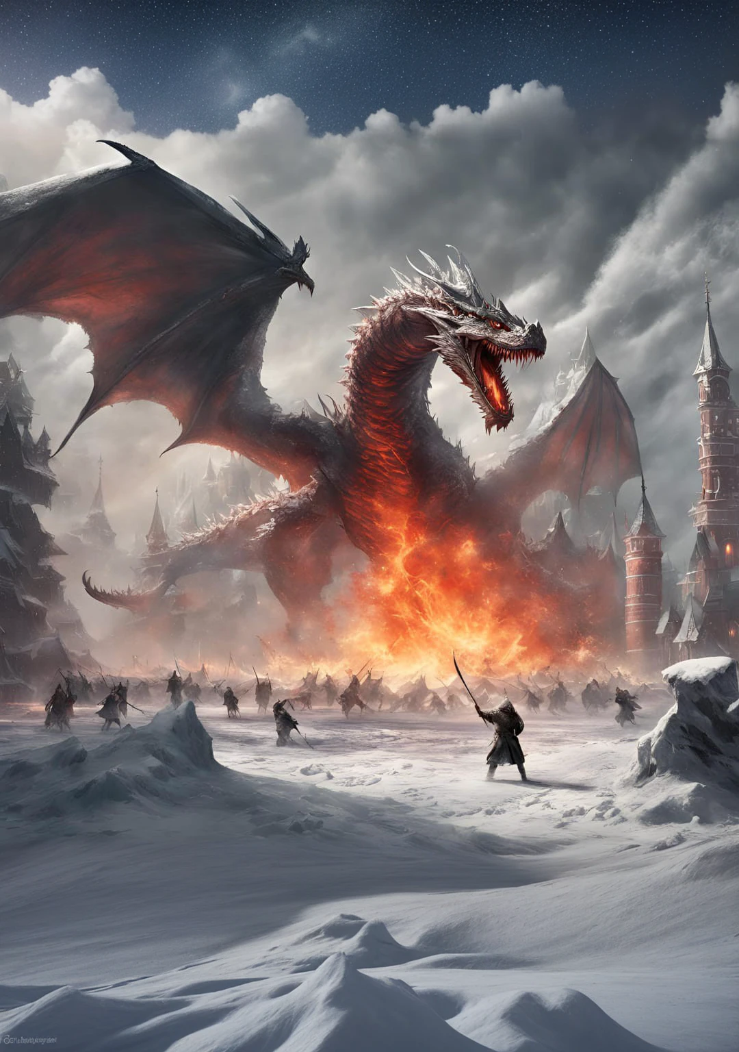 complete the sky with clouds, and the bottom with snow and fire