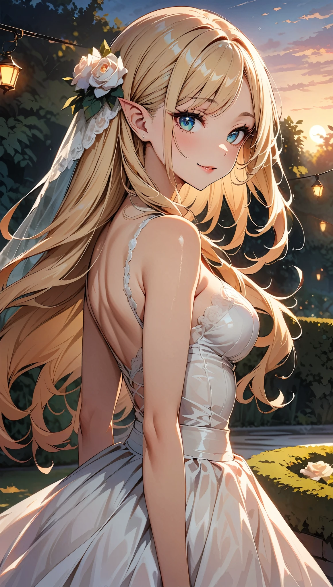 (masterpiece, best quality, beautiful and aesthetic:1.3), (A beautiful elf lady), look back, side view, 1 elf girl, (solo:1.3), light smile, (honey blonde hair streaked beige:1.4), (Gradient sliver hair ends:1.6), hair strand, absurdly long hair, single sidelock, wavy hair, shiny hair, floating hair, (sky blue eyes), delicate eyes, aqua eyes, super high detailed eyes, long upper eyelashes, eyes makeup, red lips, Focus on face, Very detailed facial, (Pretty Face:1.3), Perfect medium chest, slim body, porcelain skin, (Delicate skin texture:1.2), (Highly detailed skin:1.2), bridal veil, lace-trimmed dress, see-through, wedding dress, (outdoors), white roses, garden, (morning), detailed background, beautiful background, standing, whole body, extreme detailed, Edge lighting, two color lights, 8K UHD, Bokeh, イーブイの絵, soft light, Volumetric lighting, confess, warm tone, hand drawn animation, high detailed, symmetrical clothes, best quality, Fair, Octane Render