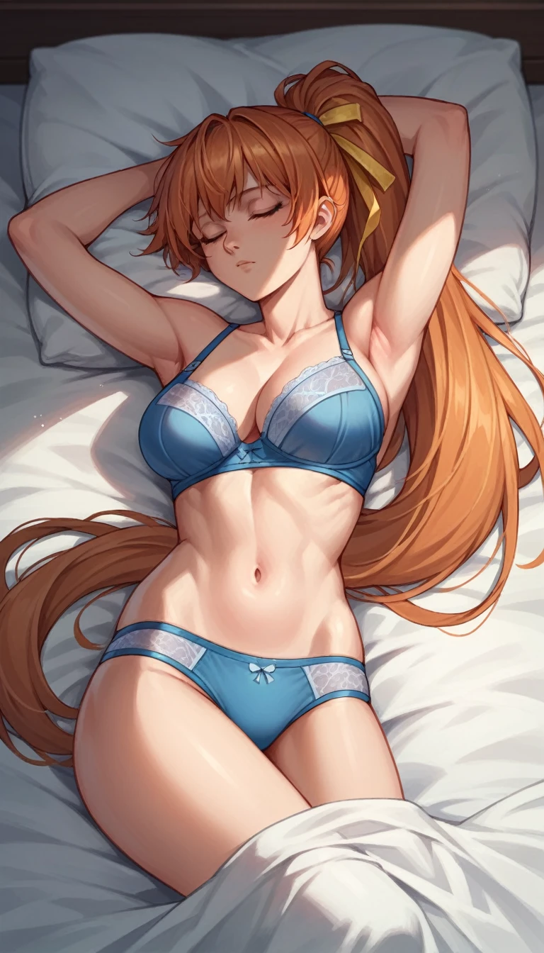 kasumi from dead or alive, long ponytail hair, blue bra, lying in bed, sleeping
