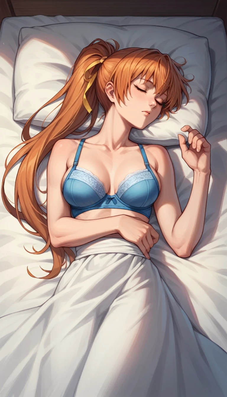 kasumi from dead or alive, long ponytail hair, blue bra, lying in bed, sleeping
