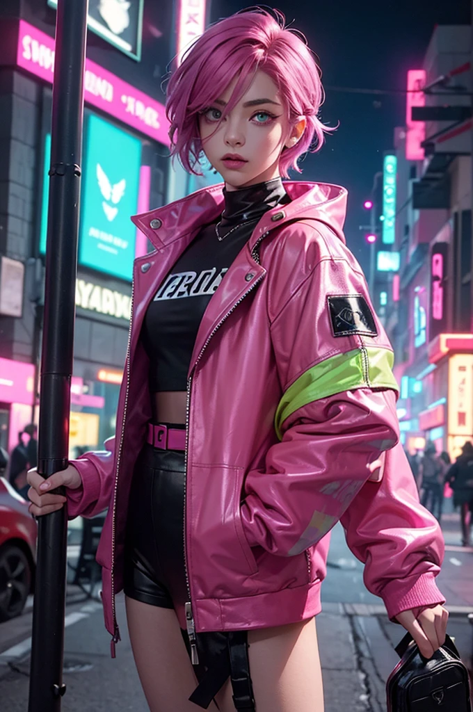 A young androgynous person with mid-length magenta hair, light green eyes, and long eyelashes, wearing a leather outfit with a short fluorescent pink jacket, in a post-apocalyptic cyberpunk-style night city setting, highly detailed, photorealistic, cinematic lighting