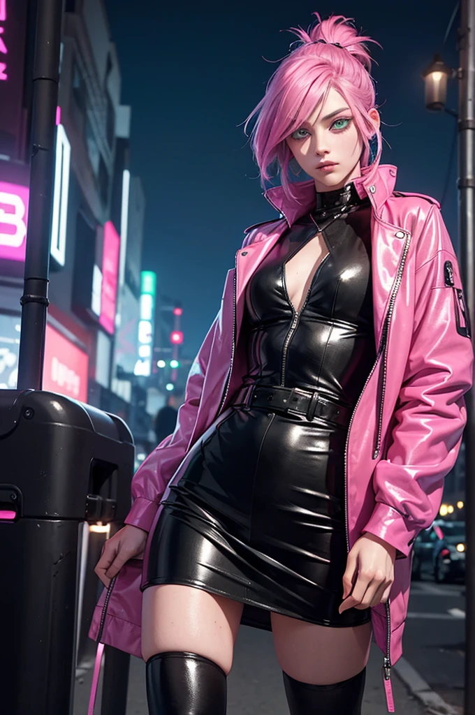 A young androgynous person with mid-length magenta hair, light green eyes, and long eyelashes, wearing a leather outfit with a short fluorescent pink jacket, in a post-apocalyptic cyberpunk-style night city setting, highly detailed, photorealistic, cinematic lighting