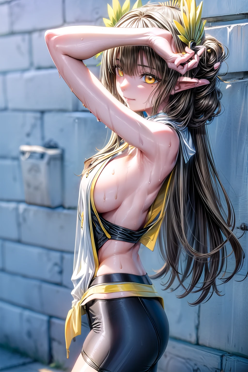 muelsyse_arknights, (yellow eyes:1.5), long hair, sideboob, (medium breasts:1.2),
BREAK ((bike shorts:1.4)), (sports top:1.5),
BREAK looking at viewer, (side shot), (perfil view), (hands on hair), sweaty body, wet, ((smirk)), sweaty, (sweaty armpits:1.4),
BREAK (masterpiece:1.2), best quality, high resolution, unity 8k wallpaper, (illustration:0.8), (beautiful detailed eyes:1.6), extremely detailed face, perfect lighting, extremely detailed CG, (perfect anatomy),