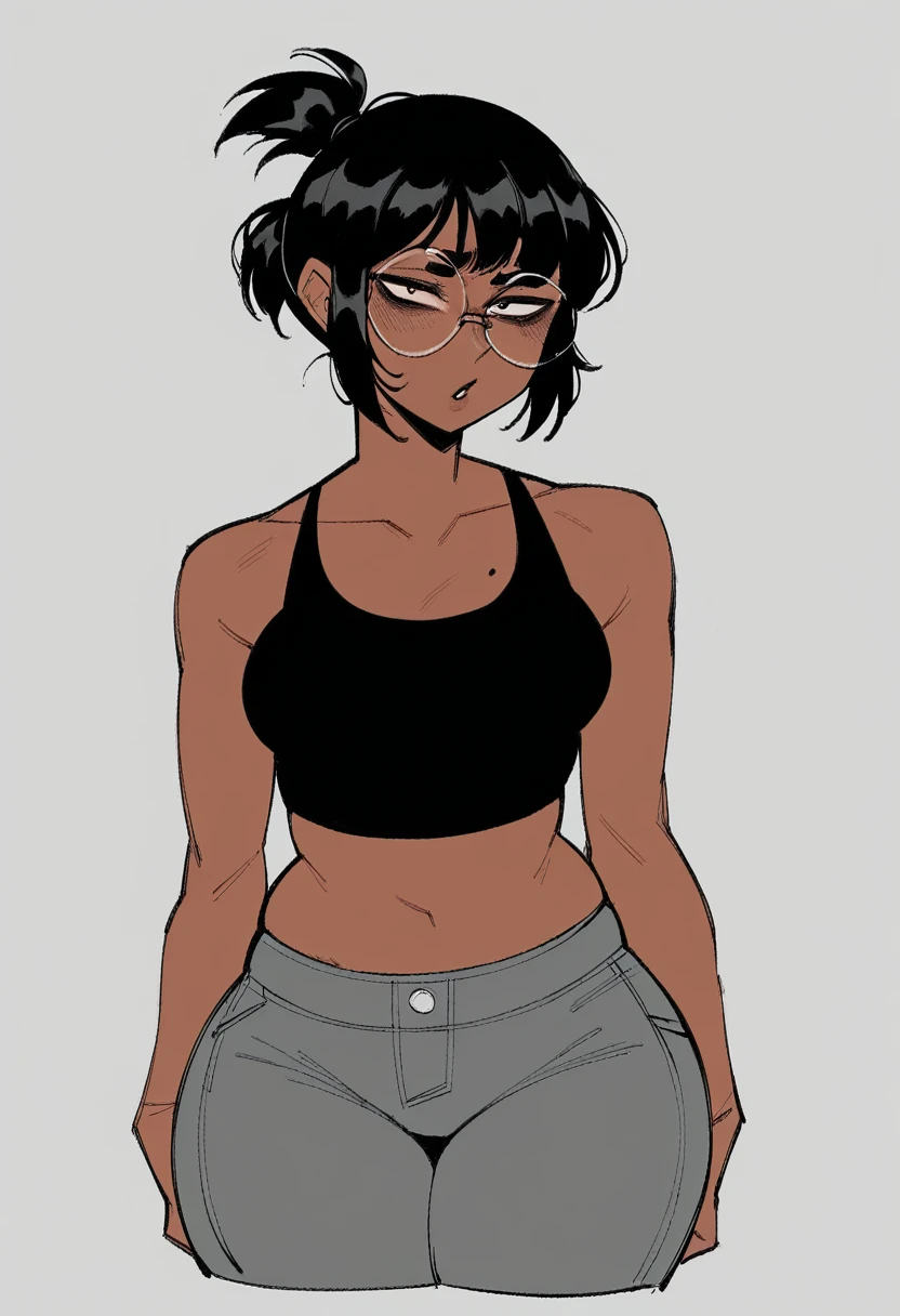 (masterpiece, best quality:1.3), Rizdraws, Thin Lineart, Soft Lineart, 1girl, solo, short black hair, black hair, bangs that go to the side down her face, large round glasses, small ponytail, hair tie, cant see eyes through glasses, black tank top, dark gray pants, small midriff, brown skin, wide hips,
