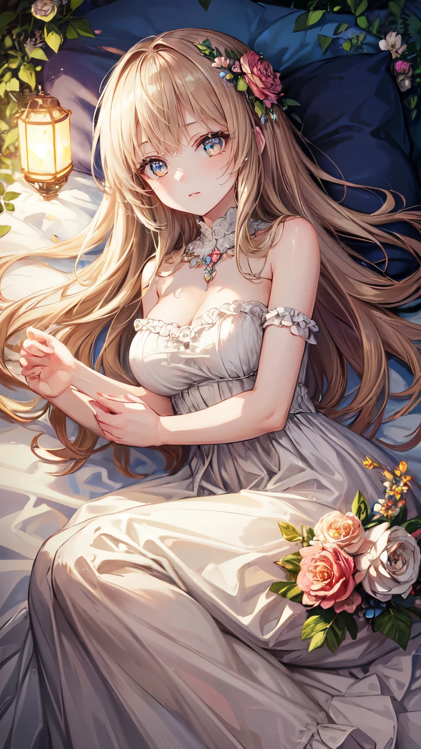Highest quality, High resolution, Very detailed), Beautiful woman, Detailed face, Detailed eyes, Sparkly long dress, night background with light and Flowers, Neon color, Portraiture, Soft and warm colors, Ambient Lighting, whole body, Flowers, Light, Lying in bed