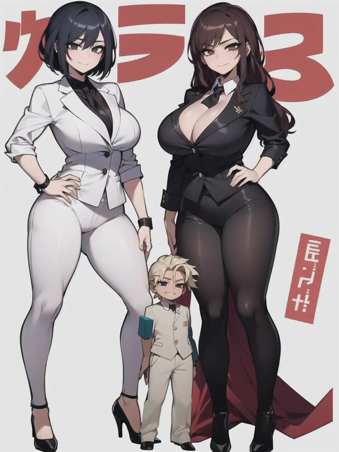 two sexy women in businesswomen outfits looking down at boy with blonde hair, looking at camera, seductive smiles, various hair, full body, fully white background