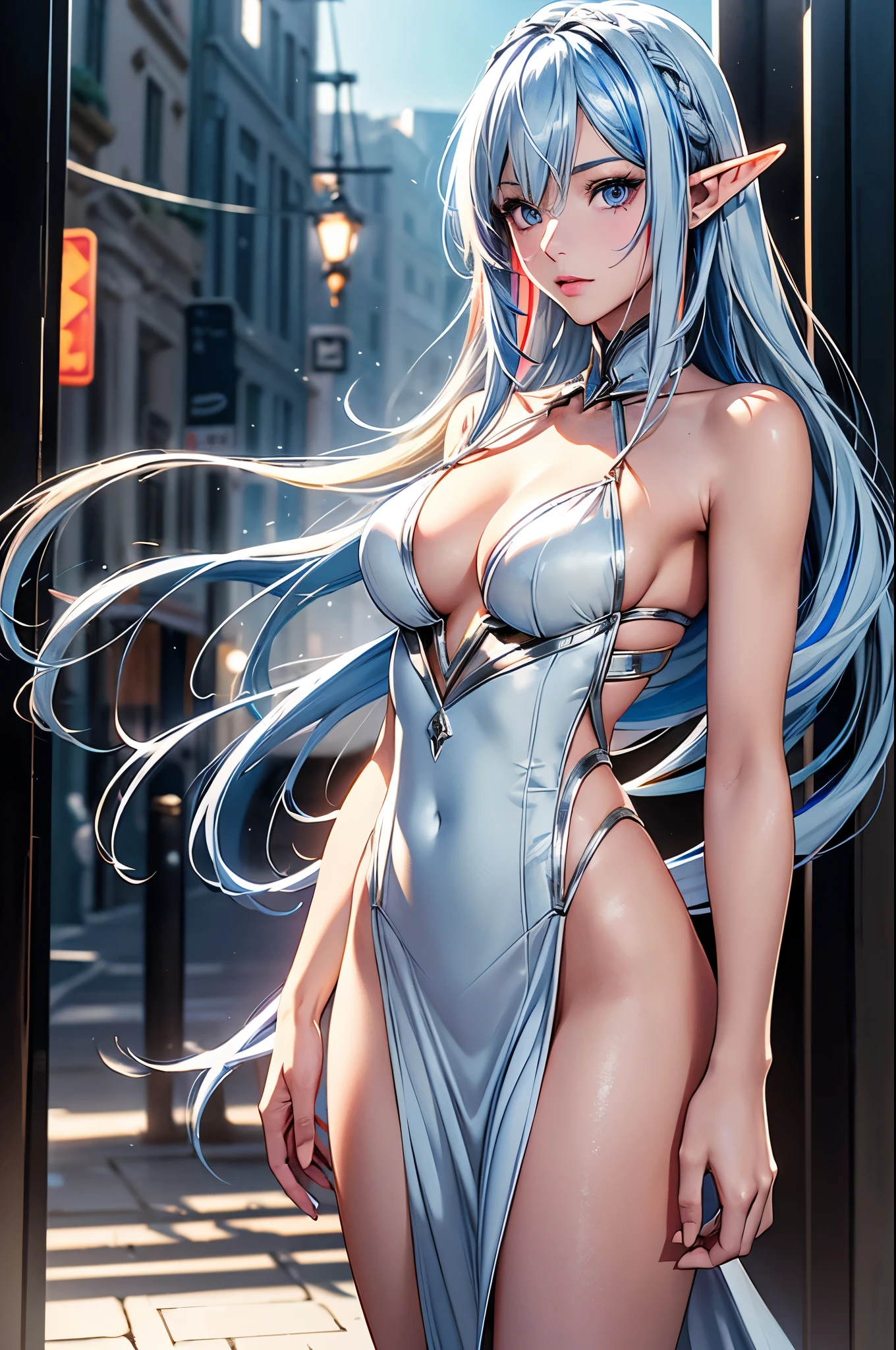 1 elf girl, (beautiful elf lady), elf magician, love and magic, one person solo, (Silver beige hair streaked honey blonde:1.4), (Gradient sky blue hair ends:1.5), hair strand, absurdly long wavy hair, single sidelock, shiny hair, floating hair, (symphony purple eyes), high-detailed and delicate eyes, colourful eyes makeup, red lips, ultra detailed facial, upturned pointy elf ears, porcelain skin, warm tone skin, whole body, extreme detailed, break, 
  Extra long white dress, Graphic printing clothing, classic simple masterpiece, technology glowing clothes, ( _give heart:1.2), several heart and Colored particle swirl around the body, break, 
  Walking on the street, in the old city, looking at the starry night sky, star night, meteor, cloud, heart, detailed background, beautiful background, bloom, break, 
  Full body, photography art, shallow depth of field, clean focus, photo, chiaroscuro, sparkle, ray tracing, Volumetric lighting, Edge lighting, studio lighting, cinematic lighting, (art of combining ancient classics with future cyberpunk) , love anime, award winner illustration, realism, イーブイの絵, atmospheric perspective, best quality, 8K quality, HDR, UHD, 8K, super detail, masterpiece, highres, curate, retina, perfect CG, CG unity, physically-based render, Octane Render, 3D Render, (realistic, photorealistic, photo-realistic:1.37), ultra-fine painting, sharp focus,