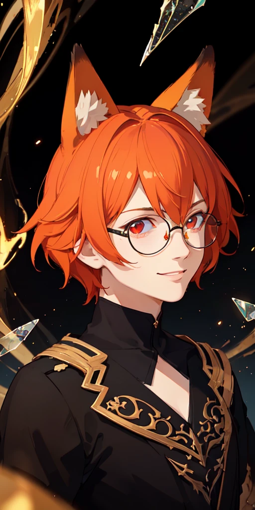 (masterpiece, best quality, ultra-detailed, best shadow), (detailed background,dark fantasy), (beautiful detailed face), high contrast, (best illumination, an extremely delicate and beautiful), ((cinematic light)), colorful, hyper detail, dramatic light, intricate details, (1 boy, solo, orange hair, smile, sharp face, stylish hair,red eyes, black glasses, fox ears,dynamic angle), red fire particles, swirling black light around the character, depth of field,black light particles,(broken glass),magic circle,