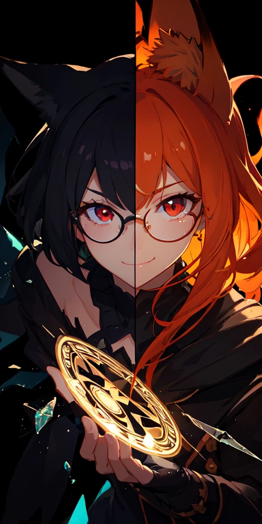 (masterpiece, best quality, ultra-detailed, best shadow), (detailed background,dark fantasy), (beautiful detailed face), high contrast, (best illumination, an extremely delicate and beautiful), ((cinematic light)), colorful, hyper detail, dramatic light, intricate details, (1 boy, solo, orange hair, smile, sharp face, stylish hair,red eyes, black glasses, fox ears,dynamic angle), red fire particles, swirling black light around the character, depth of field,black light particles,(broken glass),magic circle,