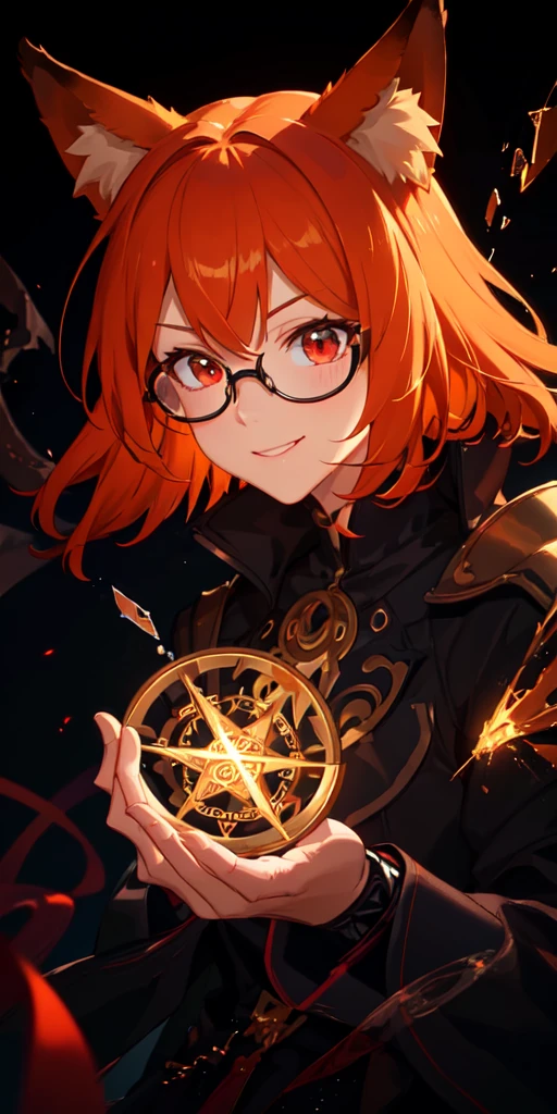 (masterpiece, best quality, ultra-detailed, best shadow), (detailed background,dark fantasy), (beautiful detailed face), high contrast, (best illumination, an extremely delicate and beautiful), ((cinematic light)), colorful, hyper detail, dramatic light, intricate details, (1 boy, solo, orange hair, smile, sharp face, stylish hair,red eyes, black glasses, fox ears,dynamic angle), red fire particles, swirling black light around the character, depth of field,black light particles,(broken glass),magic circle,