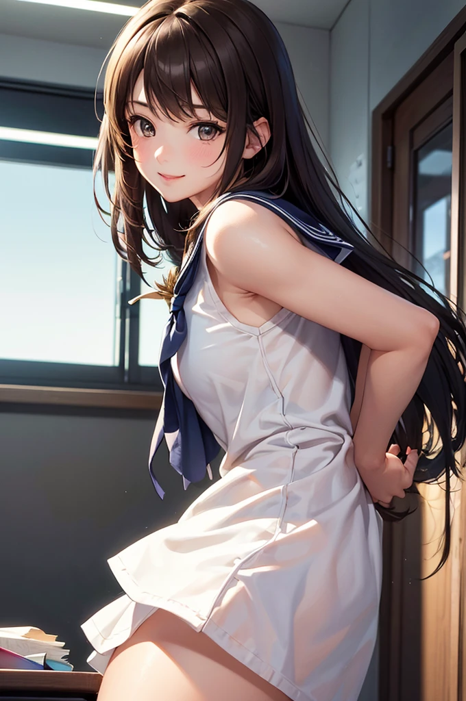 Best Quality,High resolution,8k,finelity detailed background,Masterpiece:1.2),beautiful girl,Shiny brown hair,Beautiful brown eyes,Gentle look,A refreshing look,smile,Best quality,Best Quality,Aesthetic and aesthetic:1.2,Best details((Super detailed))(High-definition CG illustrations),Sailor suit,Summer clothes,Big Breasts,Slender body,morning,sunlight,School,classroom,smile,blush,cute,Scrounge,Looking up,Being spoiled,super model,shoot from,below