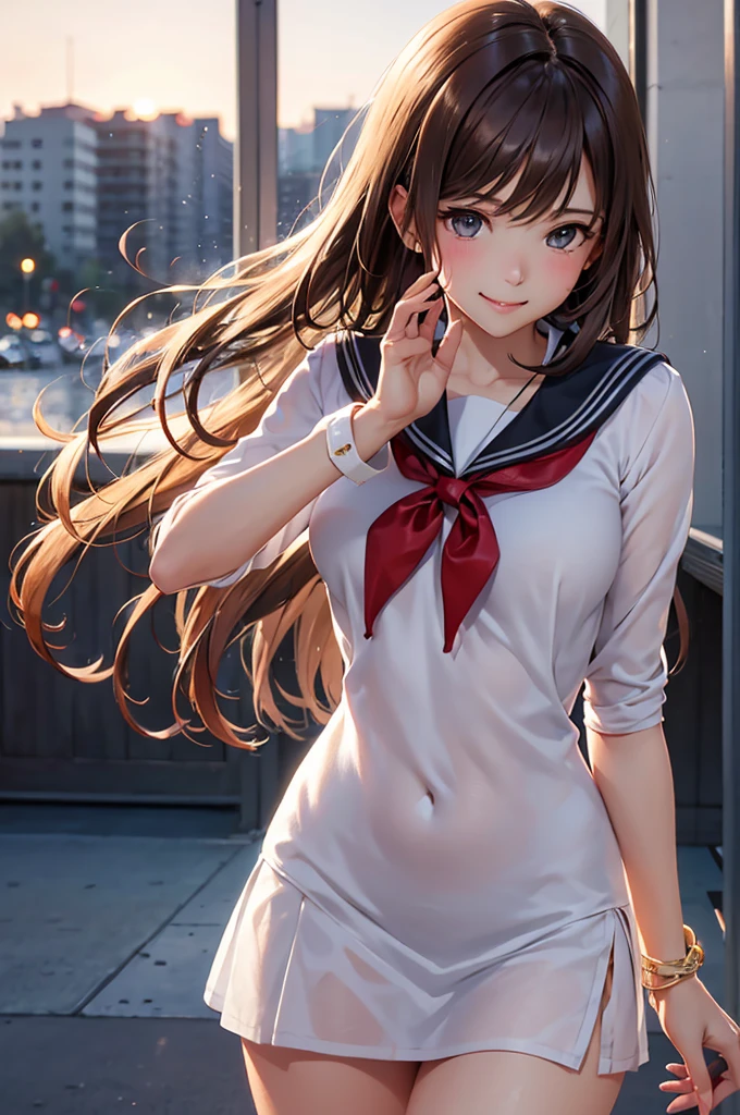 Best Quality,High resolution,8k,finelity detailed background,Masterpiece:1.2),beautiful girl,Shiny brown hair,Beautiful brown eyes,Gentle look,A refreshing look,smile,Best quality,Best Quality,Aesthetic and aesthetic:1.2,Best details((Super detailed))(High-definition CG illustrations),Sailor suit,Summer clothes,Big Breasts,Slender body,morning,sunlight,School,classroom,smile,blush,cute,Scrounge,Looking up,Being spoiled,super model,shoot from,below