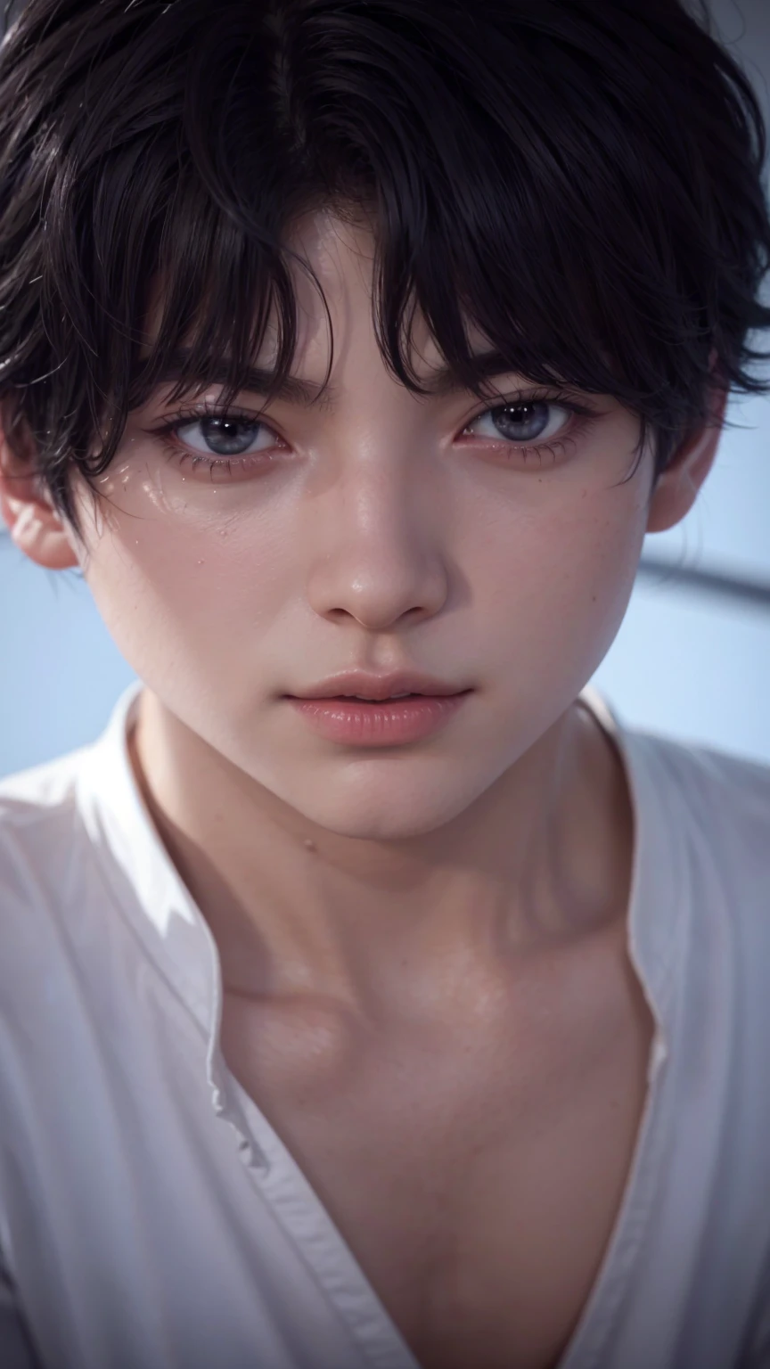 there is a man with a white shirt and black pants, smooth anime cg art, 3 d realistic, male character, semi - realistic render,highly detailed, realistic soft lighting, character close-up, highly detailed soft lighting, [ 4 k photorealism ]!!, highly detailed character, character close up, with very highly detailed face, close up character