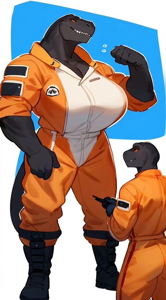 By bebebebebe, by lostgoose, by goonie-san, by buta99, by con5710, ((female)), tyrannosaurus, dinosaur, t-rex, smirking, big breasts, (muscular, buff, giant, strong, enormous, broad shoulders, big head), ((white and orange jumpsuit)), black body armor, black tactical pouches, big black boots, standing