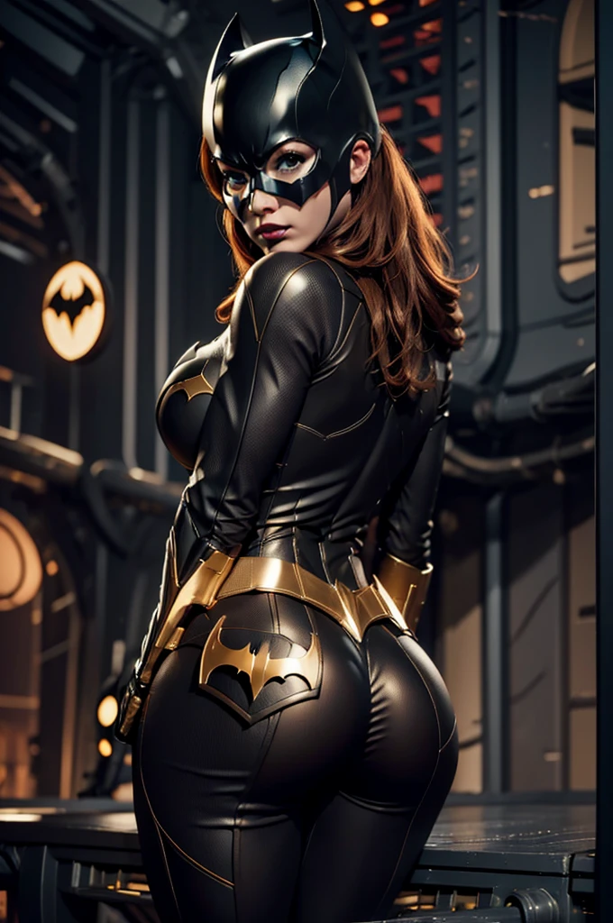 The character Batgirl, perfect costume, in the building, traditional black mask over her eyes, perfect anatomy, smooth curves, extremely detailed and realistic anatomy , upturned buttock 