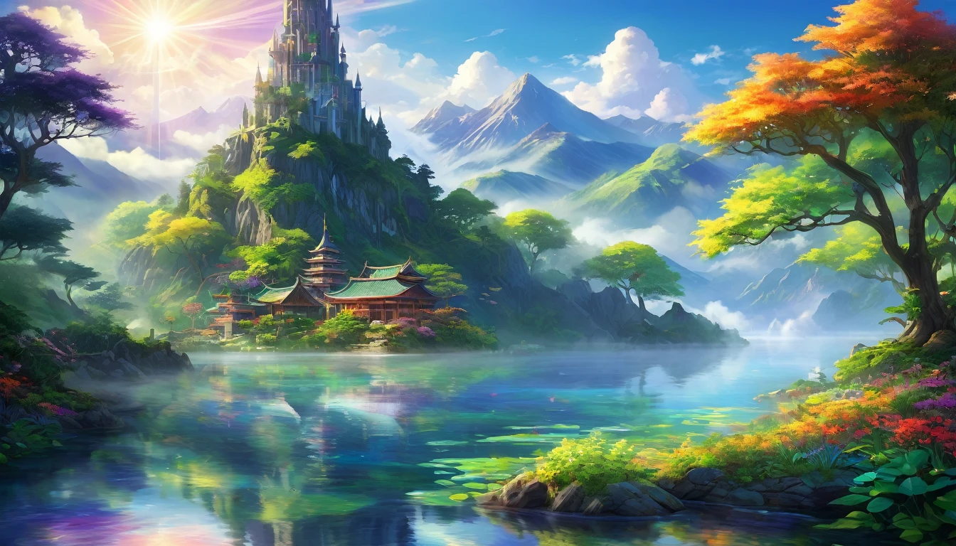 Enchanting Dreamlight Island, A Vision of Beauty. The sunlight dances through a veil of mist., Surrounding mountains々The lake reflects the light and casts a mottled shadow on its surface.. A towering tower of light rises into the sky, The surface reflects the colors of the rainbow. A whimsical tree in the forest々There are lots of creatures to play with., Creating a tapestry of light and shadow that captivates the soul.