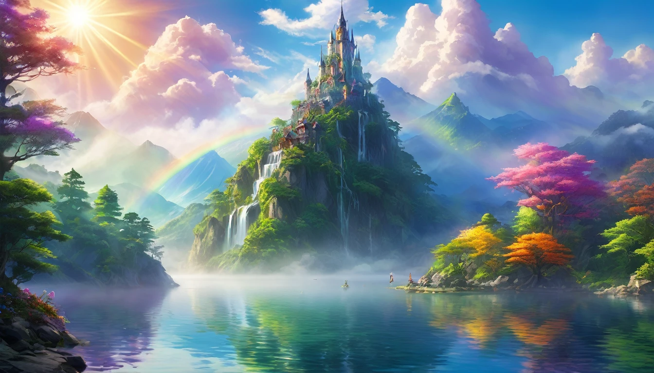 Enchanting Dreamlight Island, A Vision of Beauty. The sunlight dances through a veil of mist., Surrounding mountains々The lake reflects the light and casts a mottled shadow on its surface.. A towering tower of light rises into the sky, The surface reflects the colors of the rainbow. A whimsical tree in the forest々There are lots of creatures to play with., Creating a tapestry of light and shadow that captivates the soul.