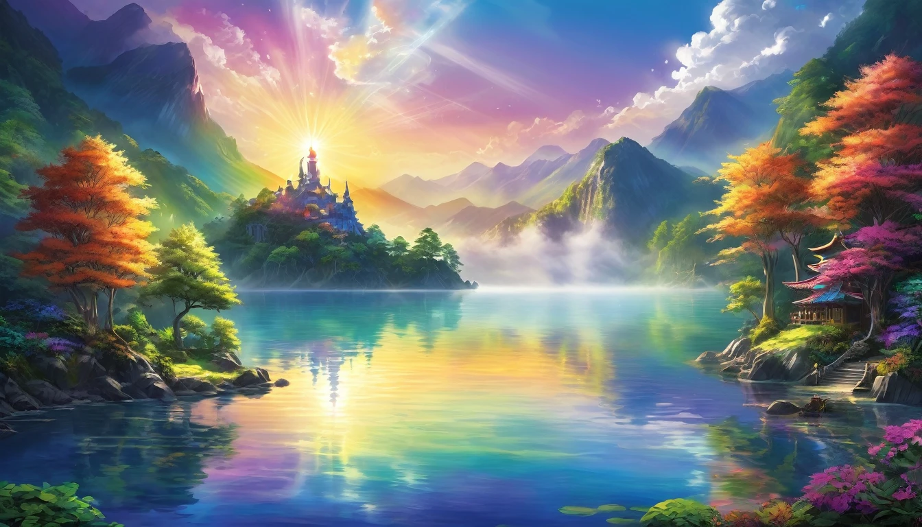 Enchanting Dreamlight Island, A Vision of Beauty. The sunlight dances through a veil of mist., Surrounding mountains々The lake reflects the light and casts a mottled shadow on its surface.. A towering tower of light rises into the sky, The surface reflects the colors of the rainbow. A whimsical tree in the forest々There are lots of creatures to play with., Creating a tapestry of light and shadow that captivates the soul.