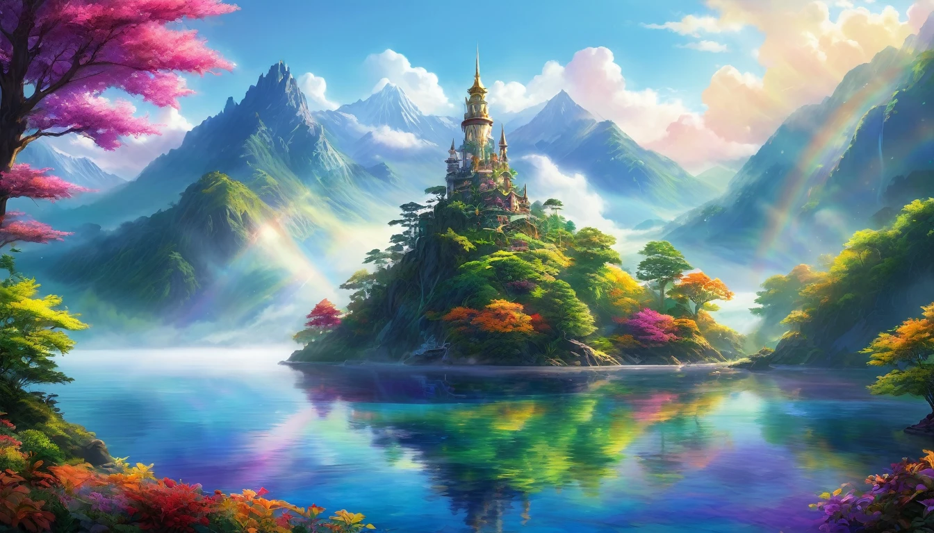 Enchanting Dreamlight Island, A Vision of Beauty. The sunlight dances through a veil of mist., Surrounding mountains々The lake reflects the light and casts a mottled shadow on its surface.. A towering tower of light rises into the sky, The surface reflects the colors of the rainbow. A whimsical tree in the forest々There are lots of creatures to play with., Creating a tapestry of light and shadow that captivates the soul.