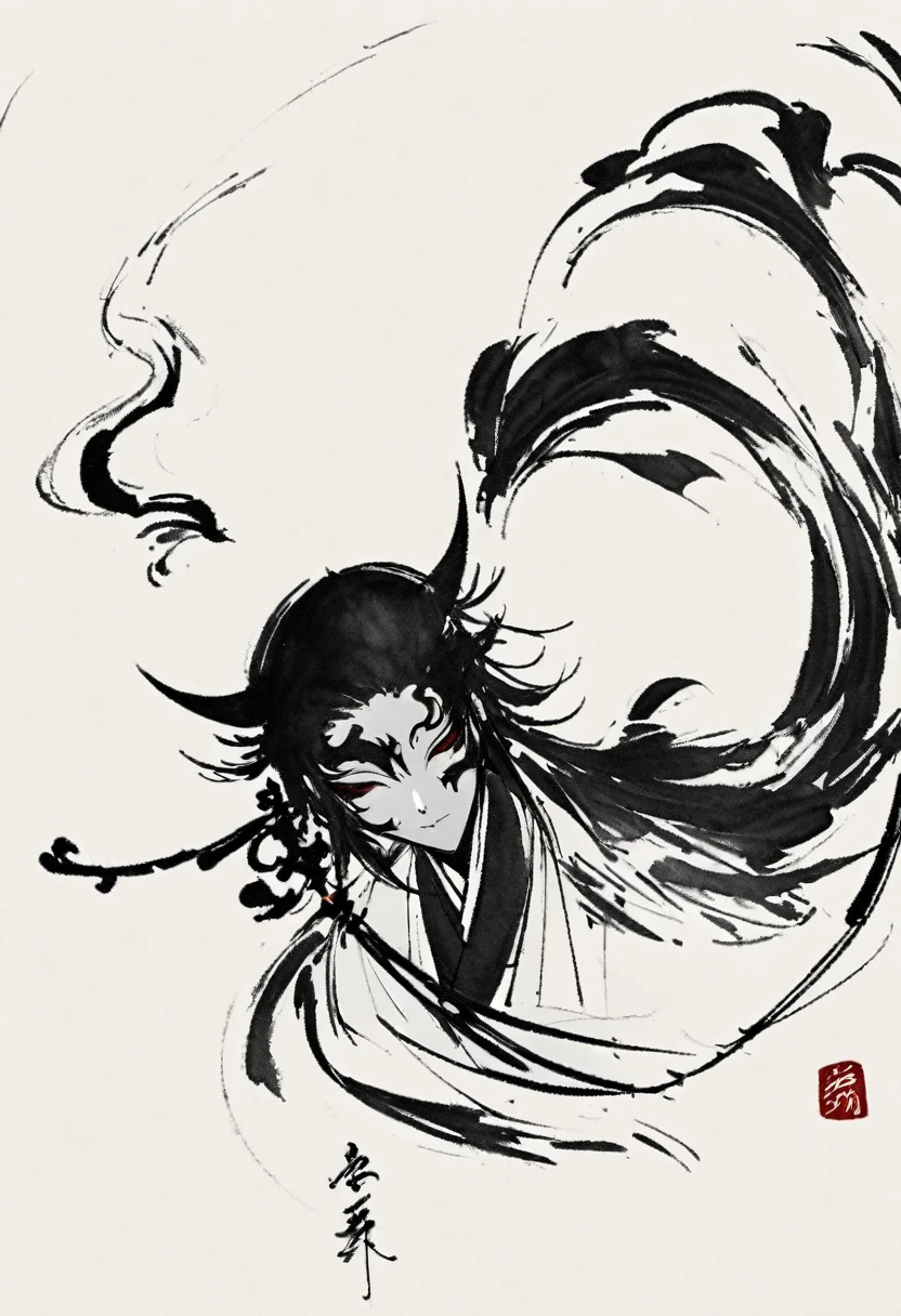 minimalism,Sketch,charcoal drawing,Chinese ink painting, cyan and white, White background, nonhuman, japanese demons