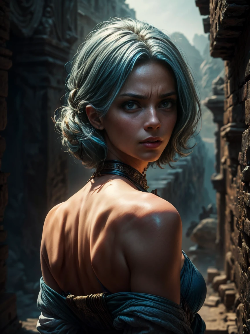 In the foreground, Delilah, an attractive woman with an enigmatic and treacherous look, blue blonde hair, a full back image looking at the camera. ancient and biblical vertigo. hyper realistic, cinematic, poignard dans la main