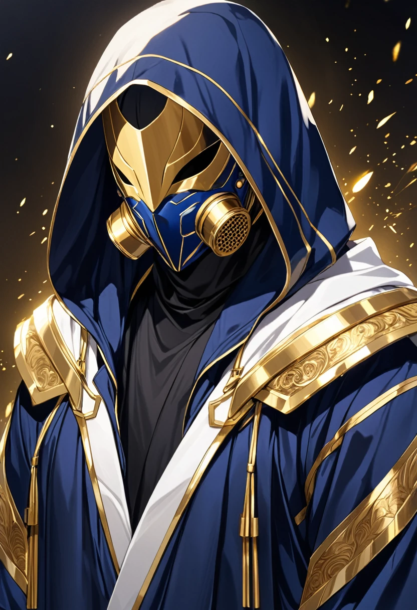Hooded male wearing white and dark blue robe, wearing a white ballistic mask, intrinsic golden highlights,