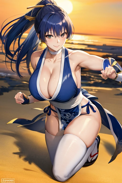 masterpiece, best quality, beautiful art, high resolution, well formed hands, body and fingers, 1 woman, solo, blue hair, blue eyes, hair ornament,  adult, grown up, big breasted, cleavage,  full body, braided long hair, blue_japanese_clothes, wearing DOA Kasumi's blue kunoichi dress, sexy and skimpy japanese clothes, kimono peek, panties peek, sleeveless, white stockings, gorgeous legs and thighs, she starts fighting back, she punches directly to the viewer, throwing fists, action and fighting scene, smiling joyfully, looking at the viewer, flirting, beach environment 