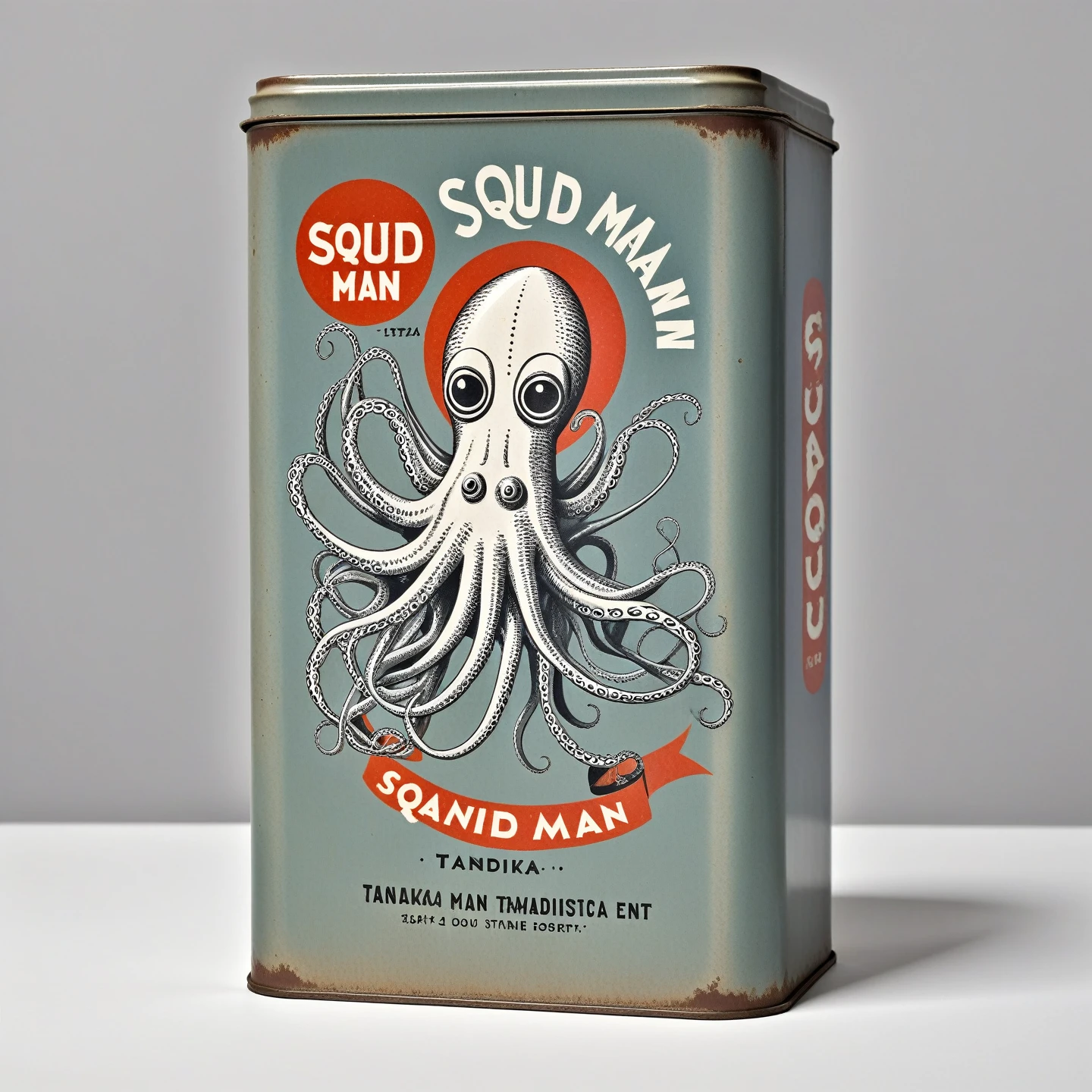 Squid man in traditional flat sardine tin, logo, Tanaka Ikko, Reid Miles, modernist, mid century, helvetica,