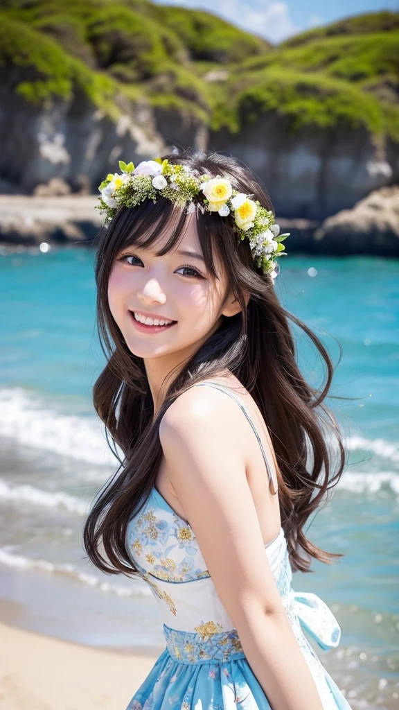 Having long flowing hair、Very Beautiful Japan Woman。She is wearing a stylish dress and a flower crown.、She has striking bluish-black eyes and a bright smile.、Dancing happily。The background is a sparkling seaside and sandy beach.。
The image style is realistic.、It adds a touch of glamour.。